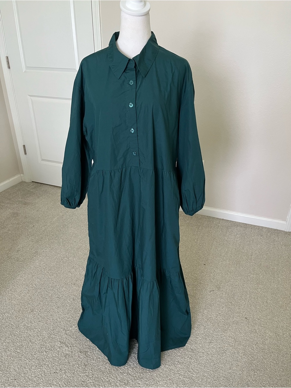 NWT Quince Organic Cotton Poplin Tunic Midi Dress Tiered in Ocean Green Size XL